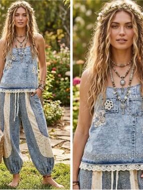 POL Denim Washed Blue Embroidered Lace Top size Medium